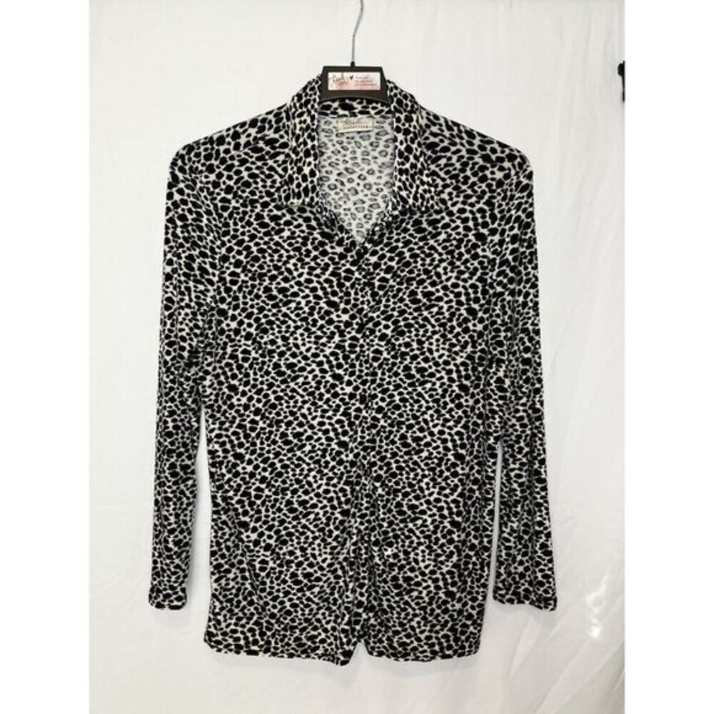 Kathie Lee Womens Size 14/16 Black & White Stretch Velour Lg Sleeve Top/Blouse